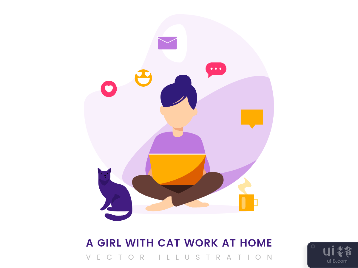 A girl with cat work at home illustration
