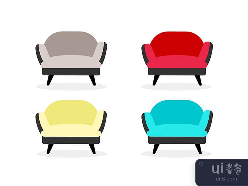 Armchairs flat color vector objects set