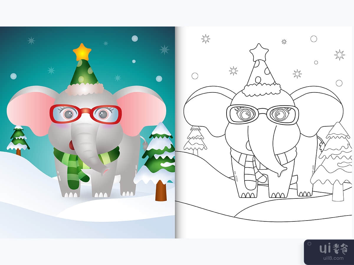 coloring book with a cute elephant christmas characters