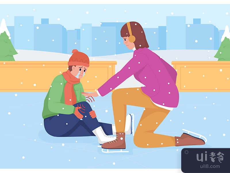 Accident on ice rink flat color vector illustration