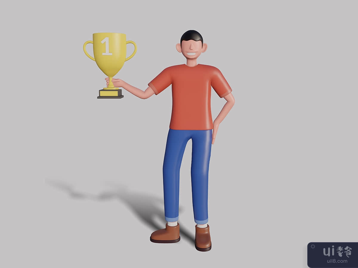3d male character holding a trophy. Premium Psd