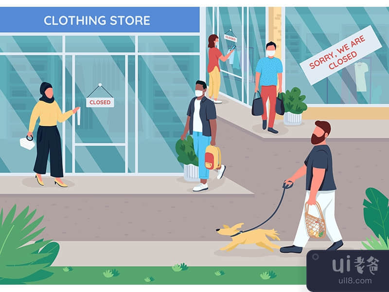 Closed stores flat color vector illustration