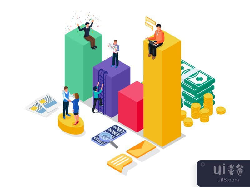 Business people with 3d isometric chart. Teamwork brainstorming illustration