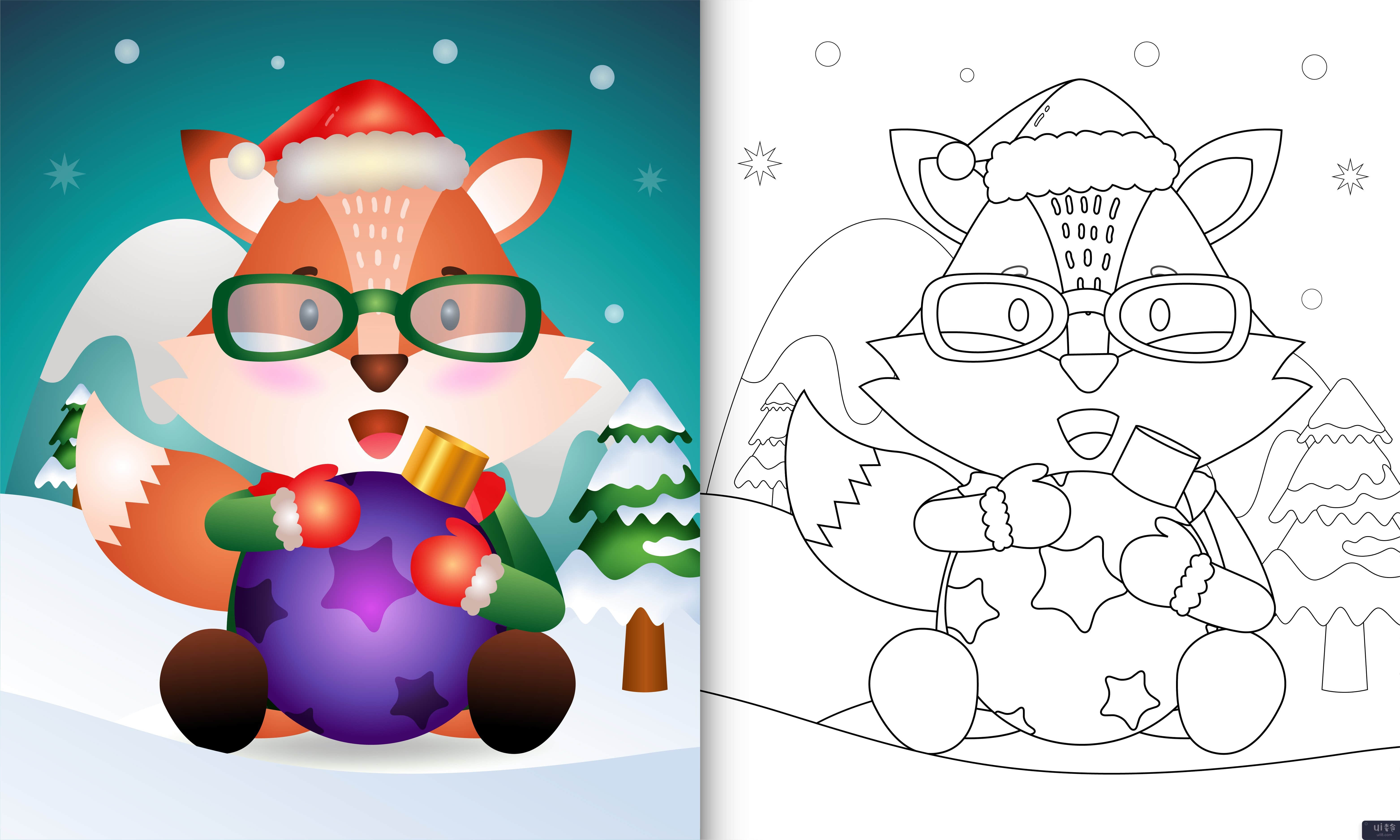 着色书与可爱的狐狸拥抱圣诞球(coloring book with a cute fox hug christmas ball)插图2
