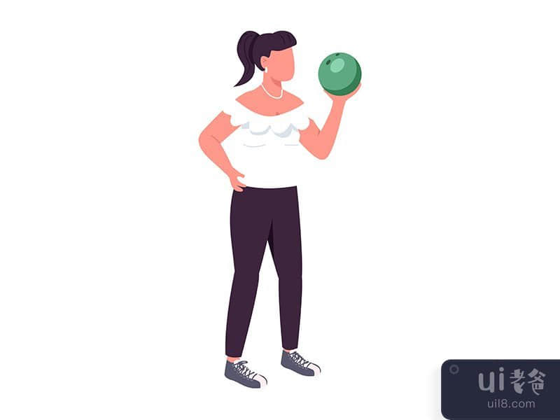 Confident girl with bowling ball semi flat color vector character