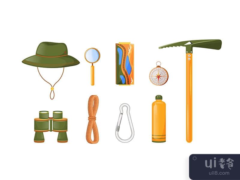 Climbing equipment flat color vector objects set