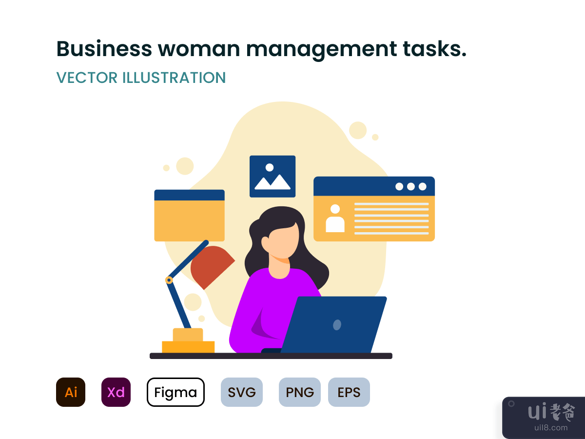 专注于工作平面现代设计的女商人。(Business woman focusing on work flat modern design.)插图2