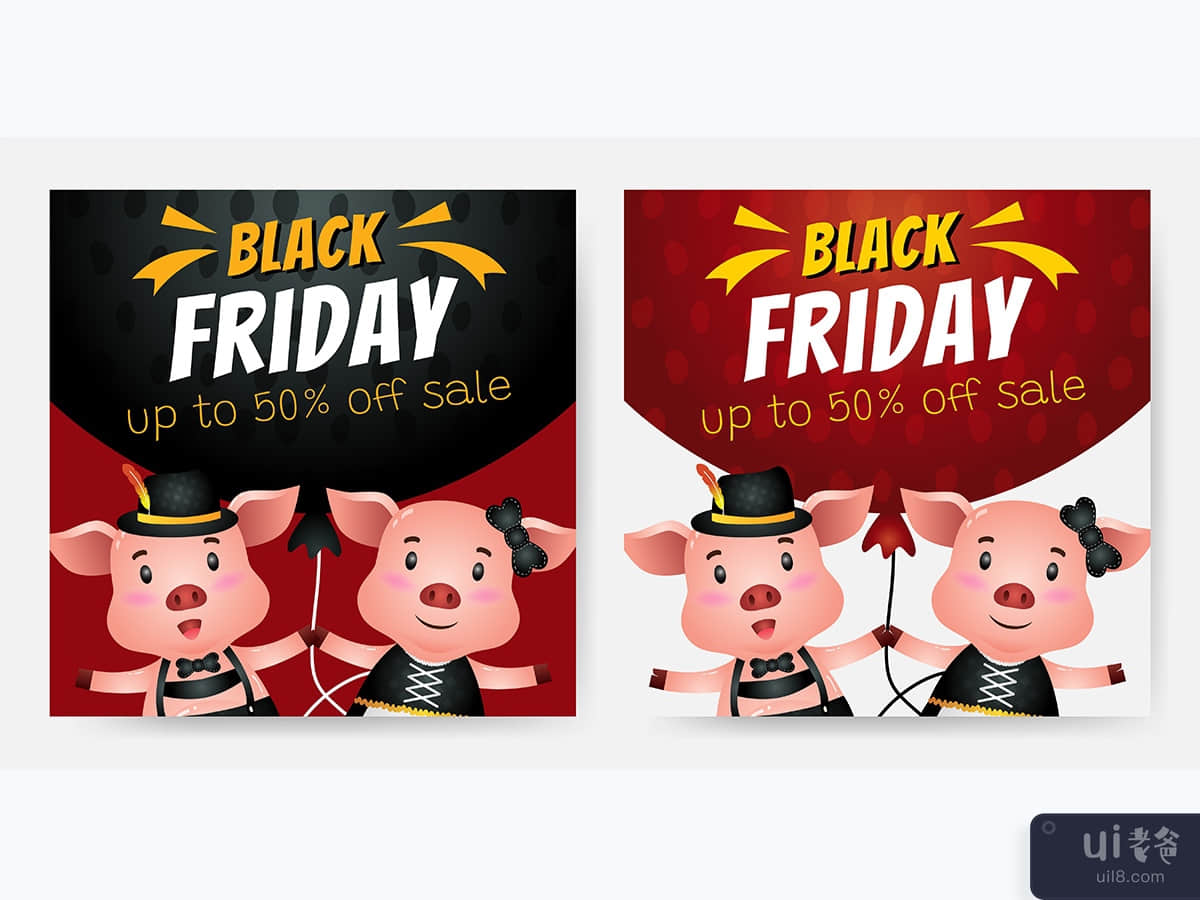 Black friday social media post with illustration of pig couple