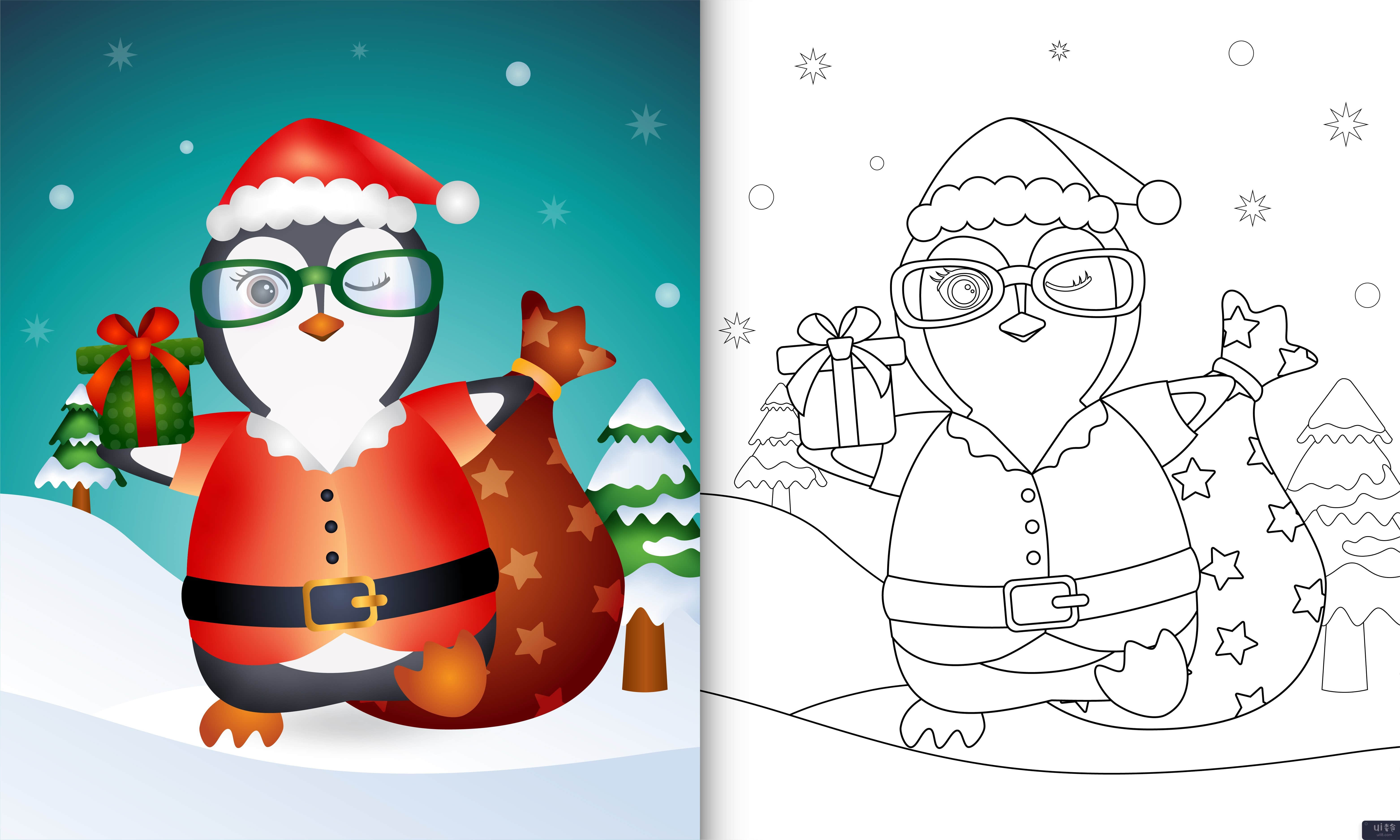 使用圣诞老人服装的可爱企鹅着色书(coloring book with a cute penguin using santa clause costume)插图2