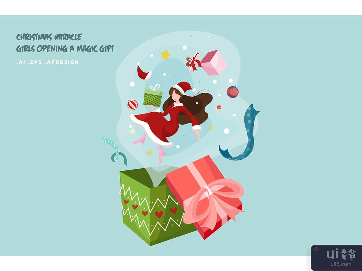 Christmas Miracle girl opening a magic gift Vector Illustration