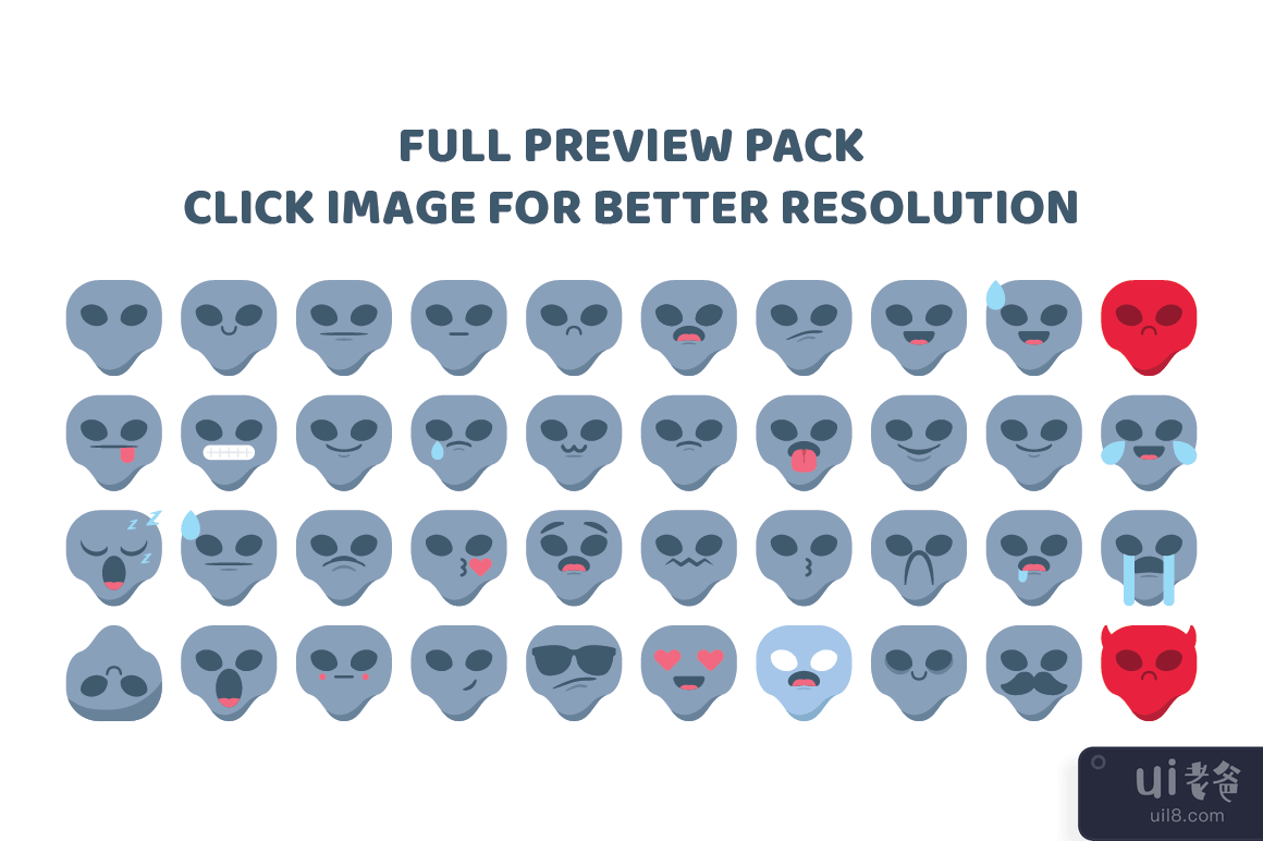 外星人表情图释笑脸图标集矢量包(Alien emoji emoticon smiley icon set vector pack)插图4