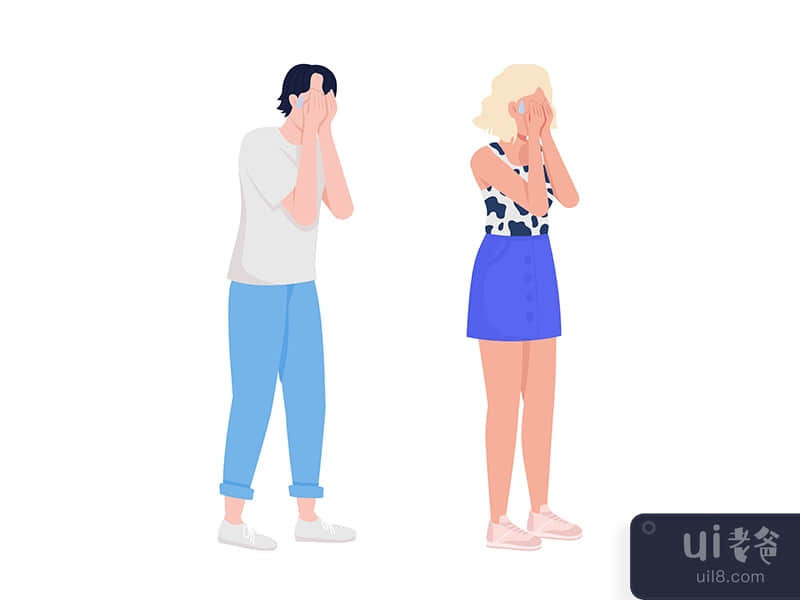 Crying and scared people semi flat color vector characters set