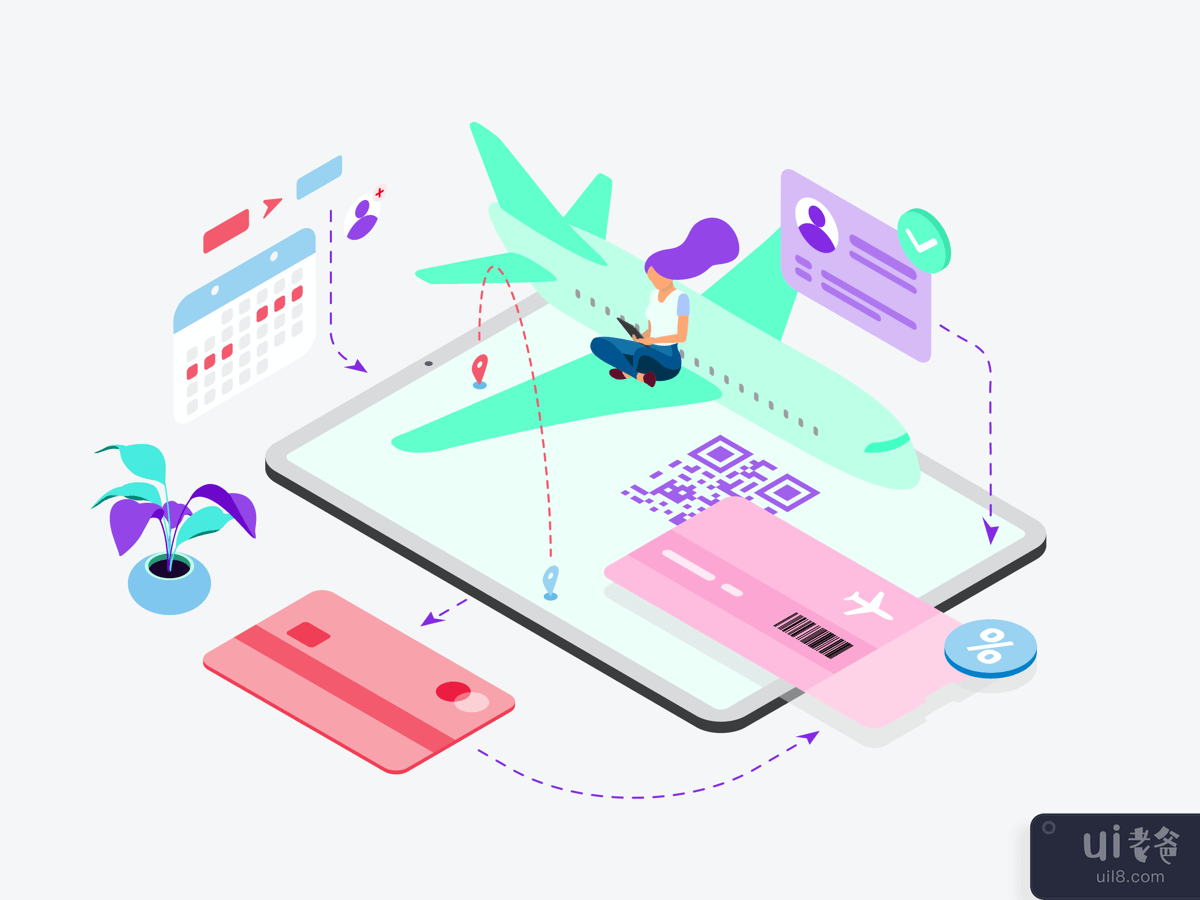 Booking Plane Ticket by Digital Wallet Isometric Illustration