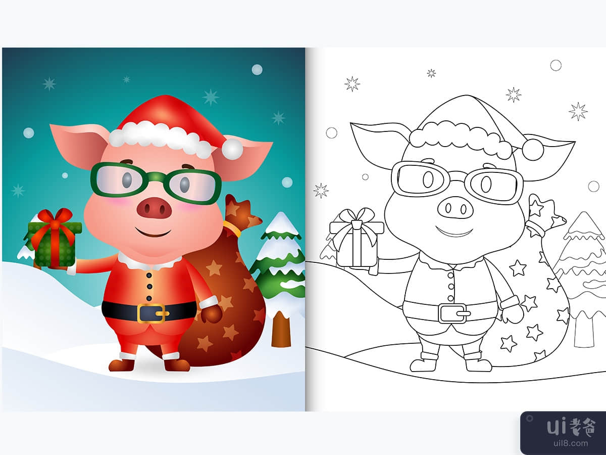 coloring book with a cute pig using santa clause costume