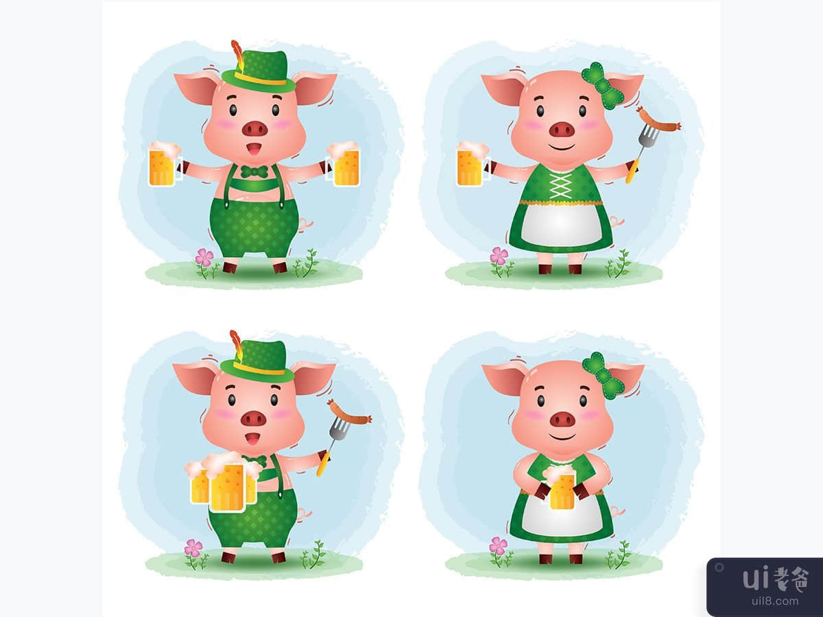 一对可爱的猪夫妇，穿着传统的慕尼黑啤酒节礼服(a cute pigs couple with traditional oktoberfest dress)插图2