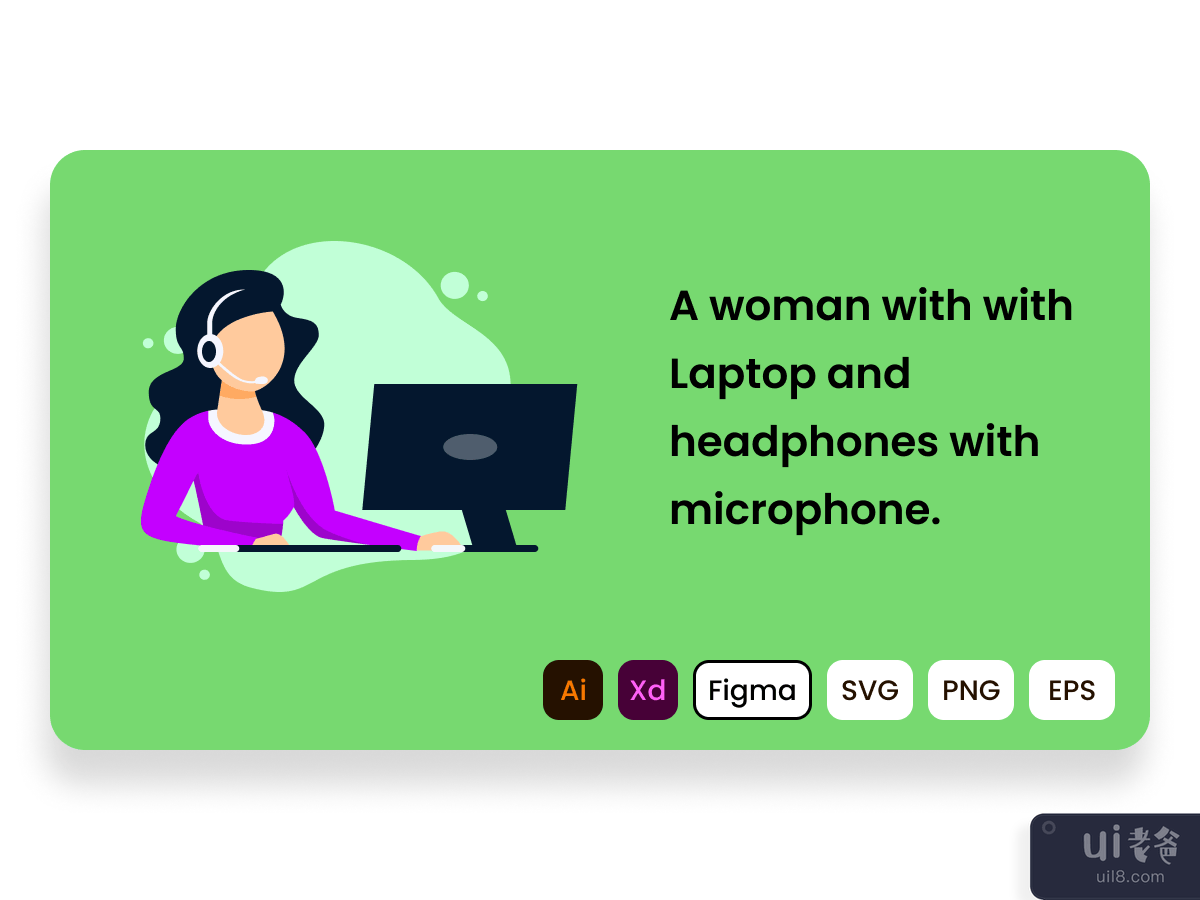一个带着笔记本电脑和带麦克风的耳机的女人。(A woman with with laptop and headphones with microphone.)插图2