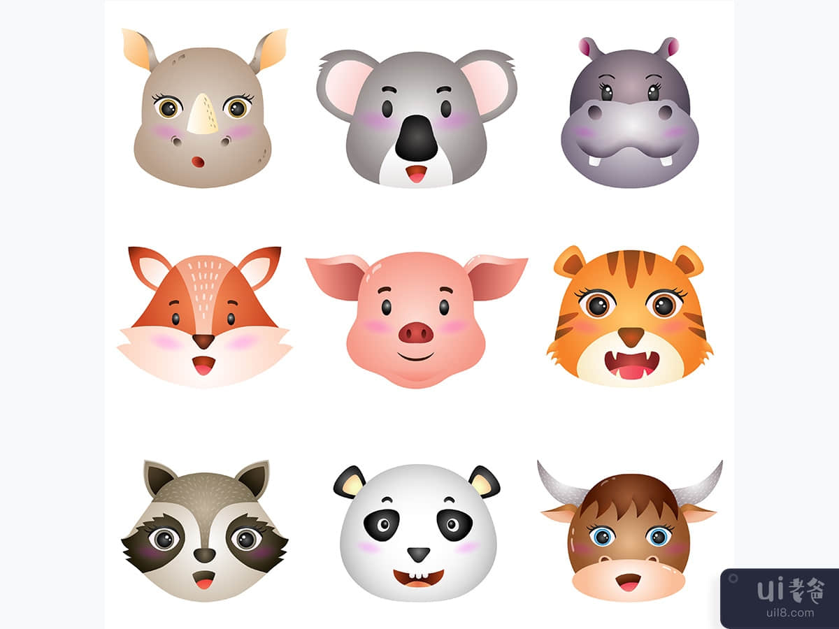 animal heads, rhino, koala, hippo, fox, pig, tiger, raccoon, panda and buffalo