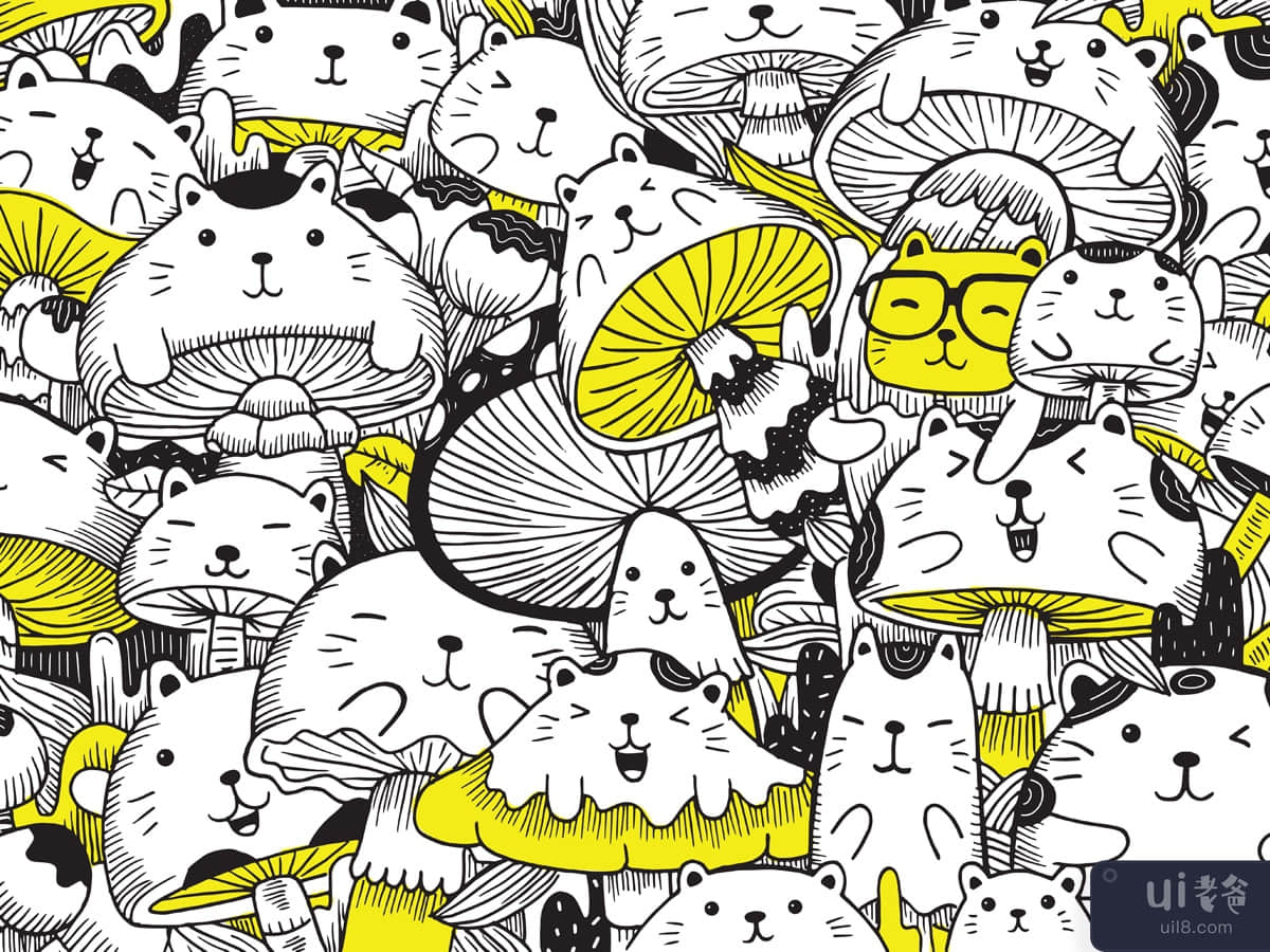 猫和蘑菇的孩子们的可爱着色(Cute coloring for kids with Cats and Mushroom)插图1