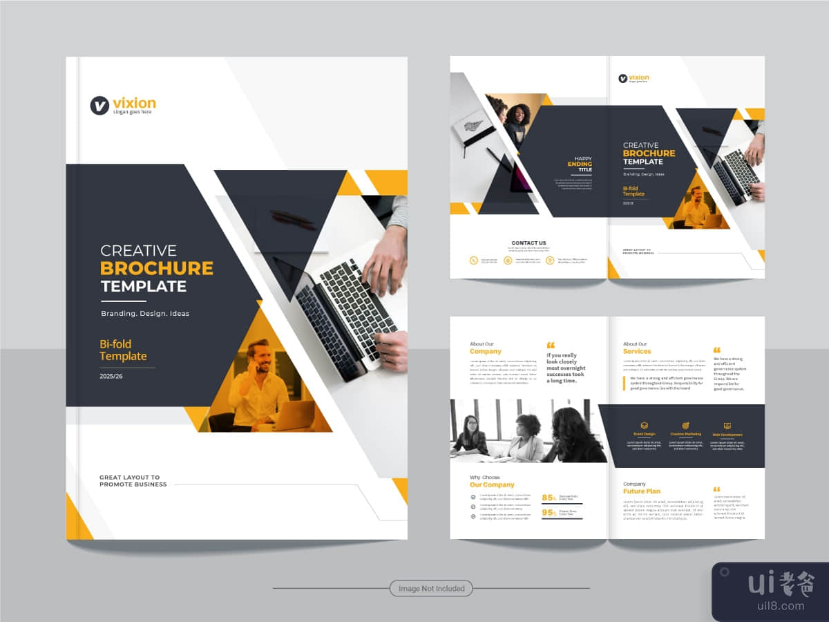 Clean corporate bi fold business brochure design template in A4 format.