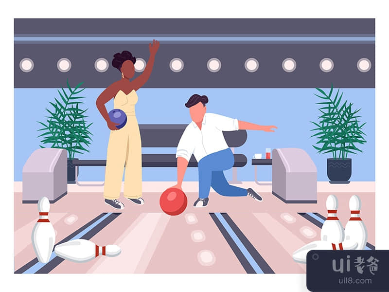 Bowling date flat color vector illustration