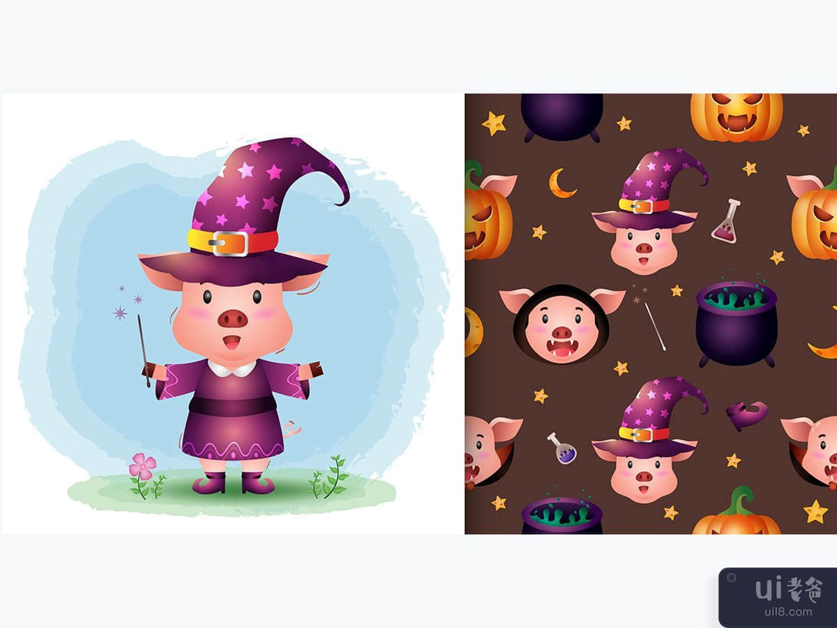 a cute pig with costume halloween character seamless pattern