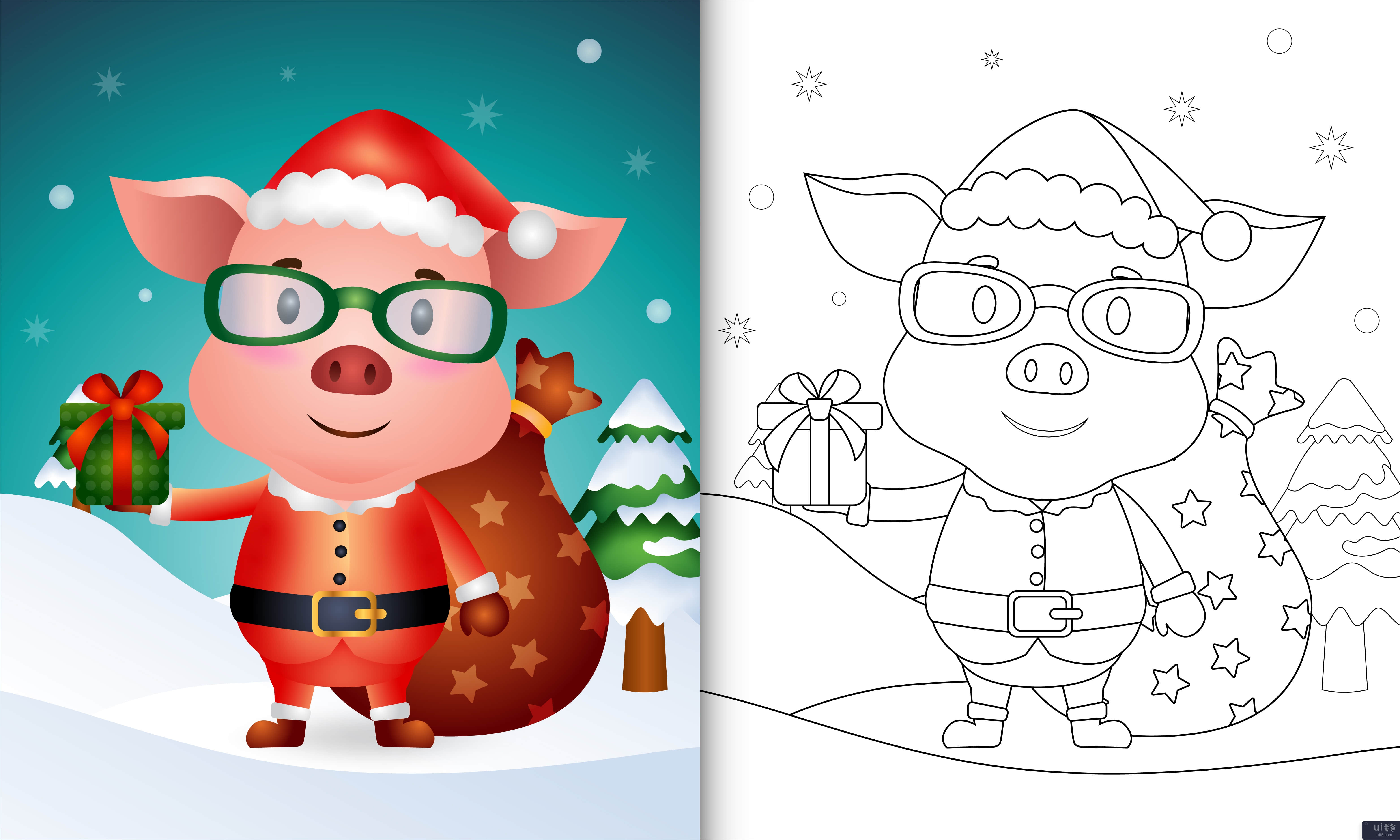 使用圣诞老人服装的可爱猪着色书(coloring book with a cute pig using santa clause costume)插图2
