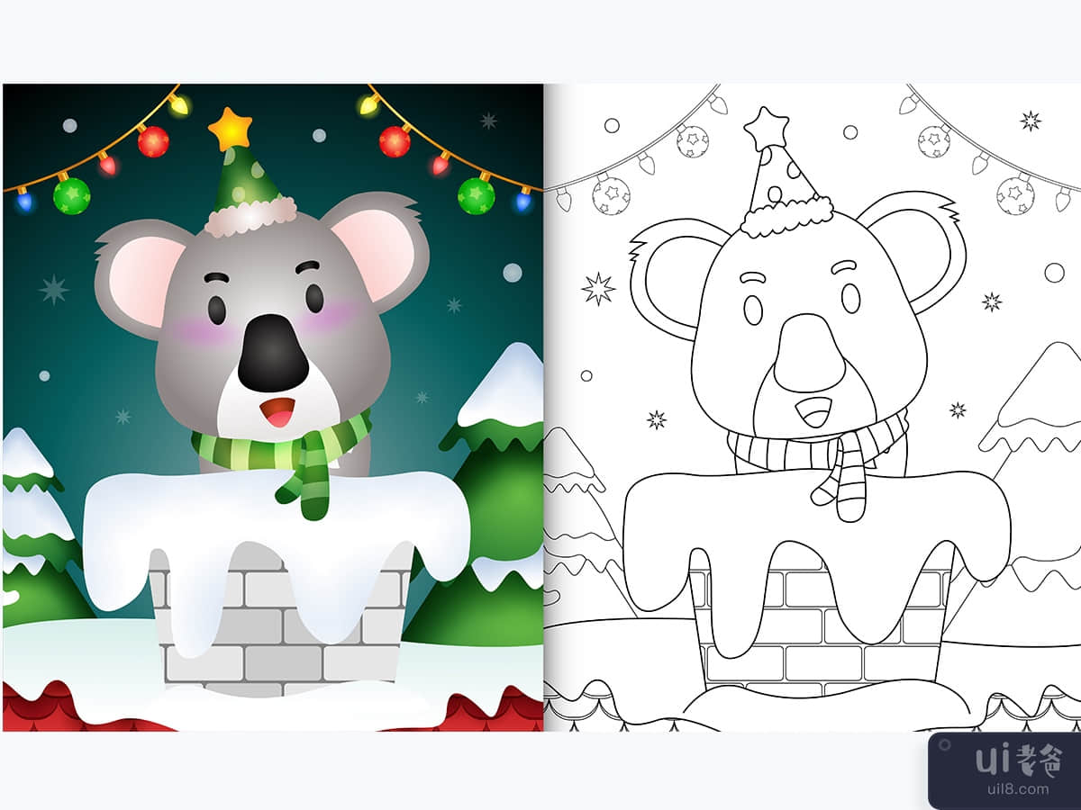 coloring book for kids with a cute koala using santa hat and scarf in chimney