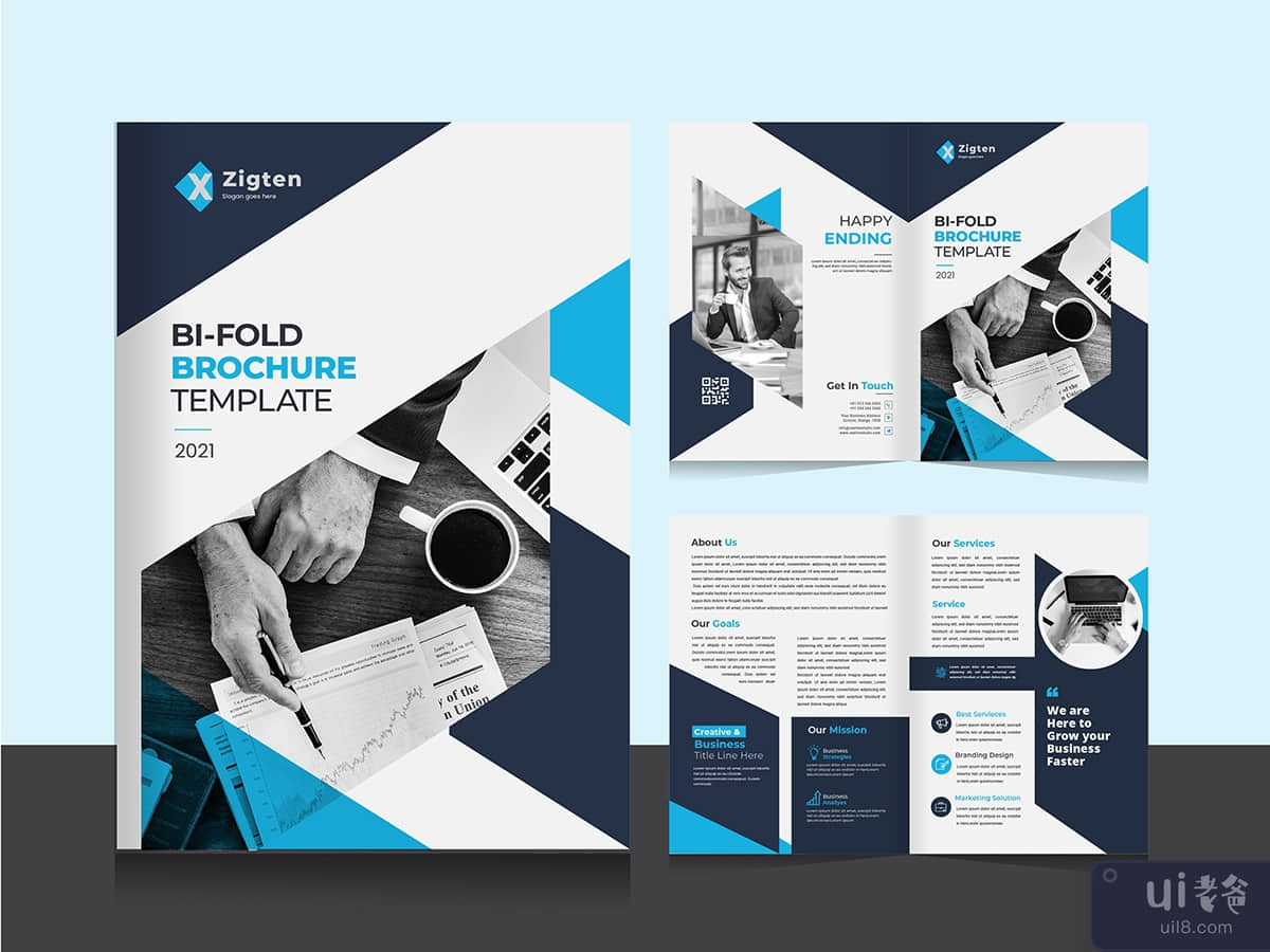 Clean corporate bi fold business brochure design template in A4 format.