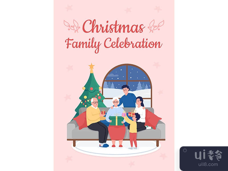Christmas family celebration poster flat vector template