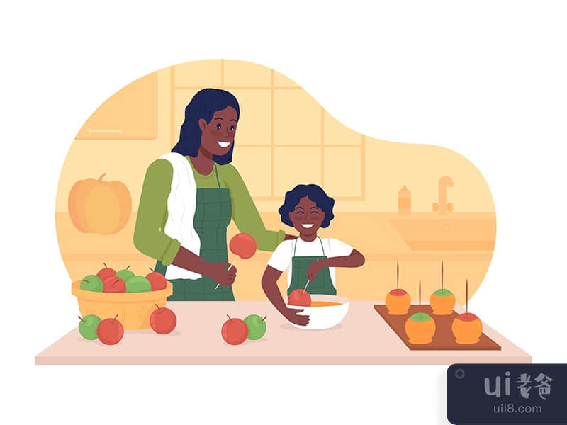 Cooking with child in autumn 2D vector isolated illustration