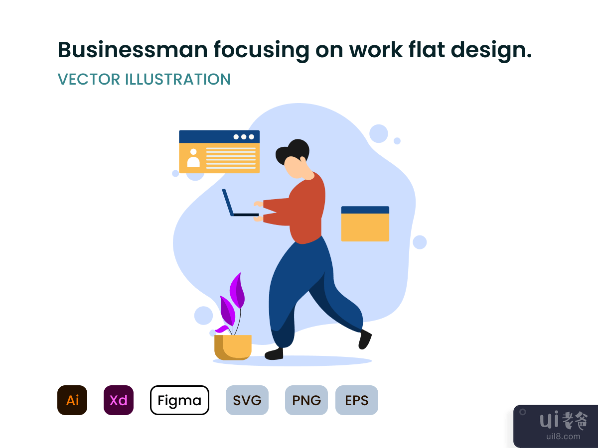 A businessman focusing on work flat design concept.