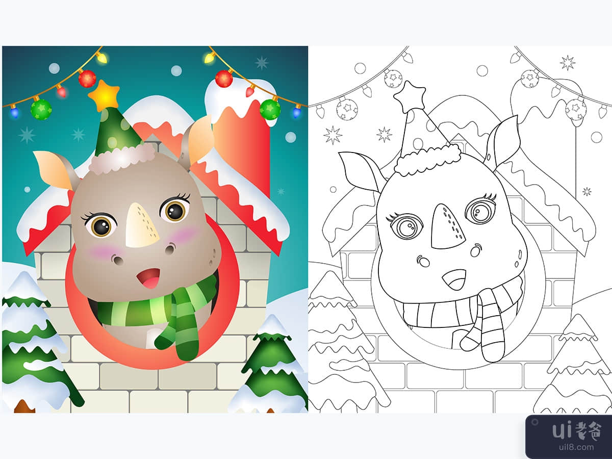 coloring book with a cute rhino christmas characters using hat and scarf