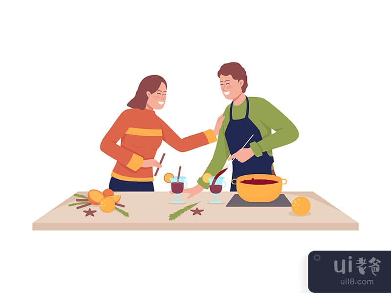 Couple make mulled wine semi flat color vector characters