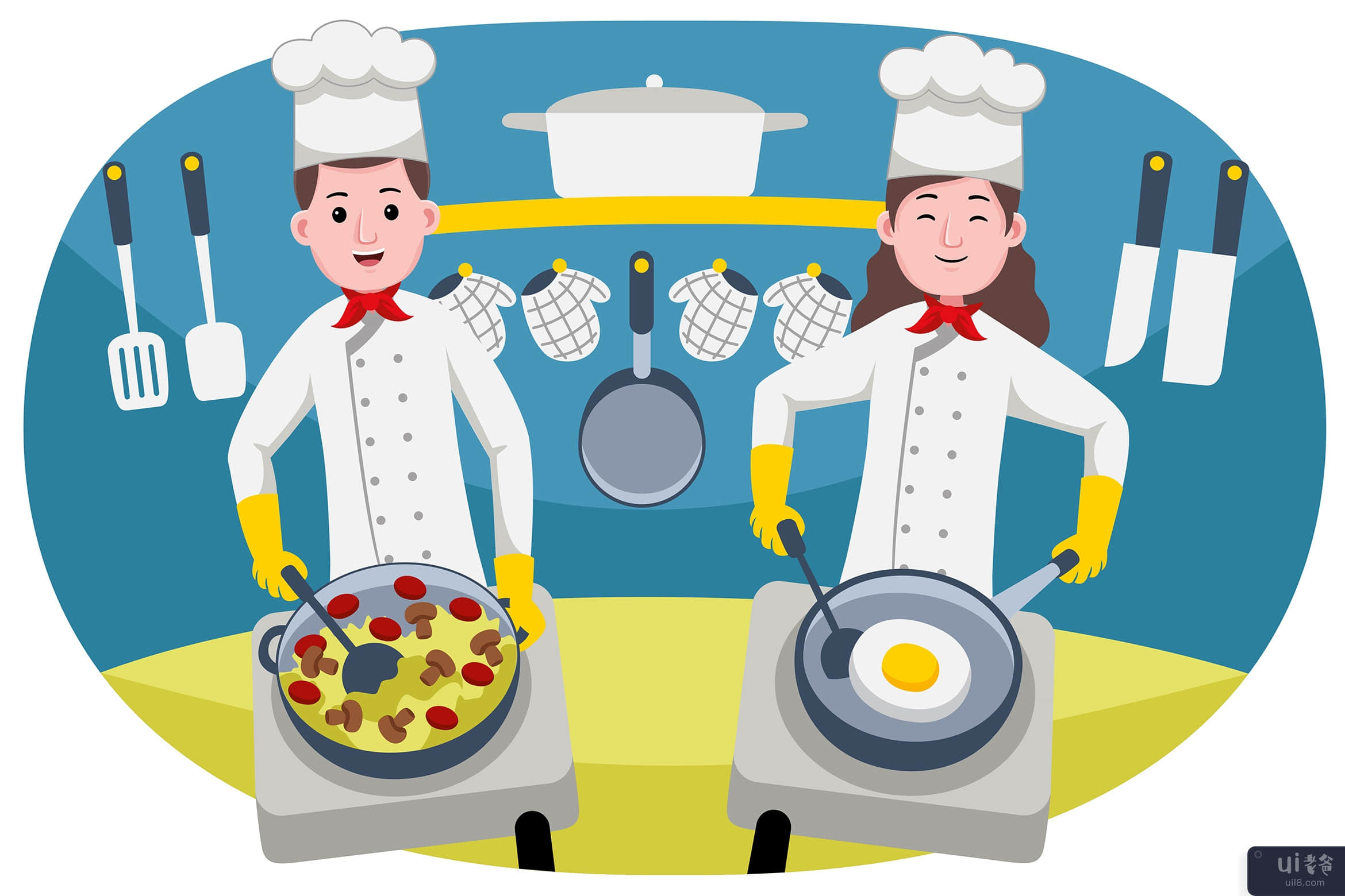 厨师夫妇职业矢量图(Chefs Couple Profession Vector Illustration)插图2