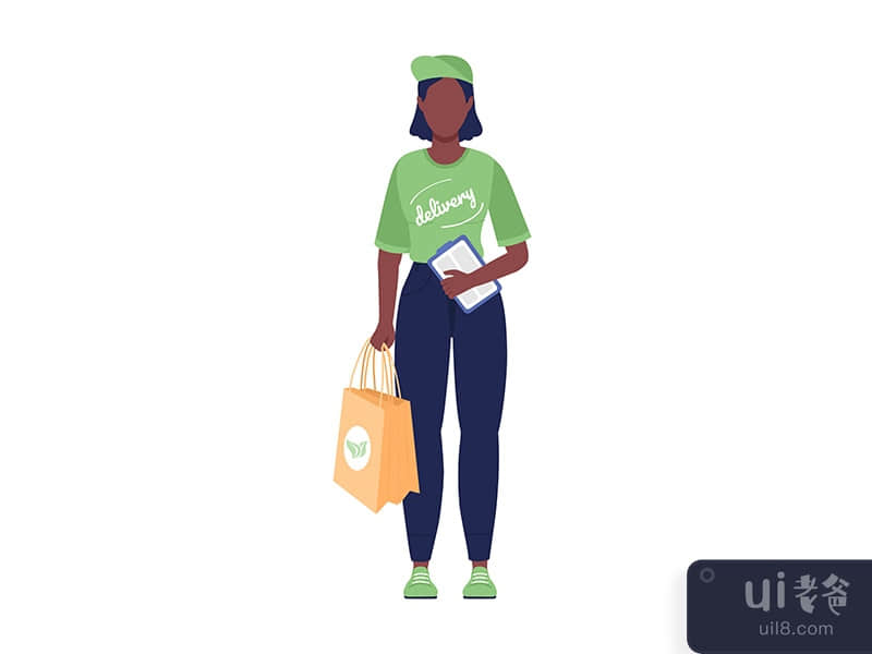 Courier woman in green uniform semi flat color vector character