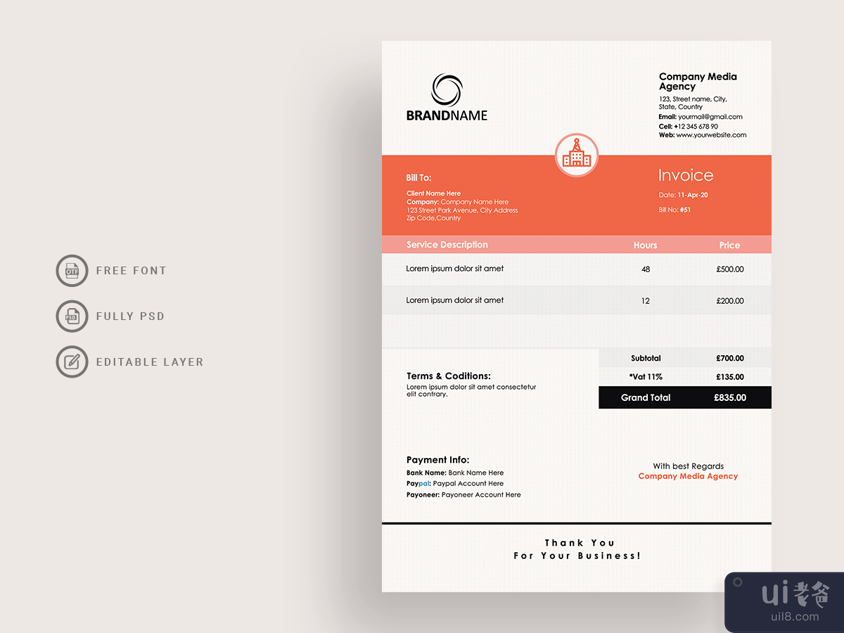 Corporate invoice template with orange