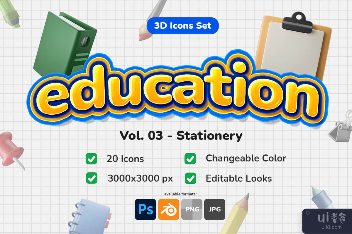 3D 图标集-教育卷。 03 文具/学习用品(3D Icon Set - Education Vol. 03 Stationery / School Supplies)插图8