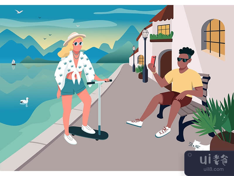 Couple taking selfie at waterfront area flat color vector illustration