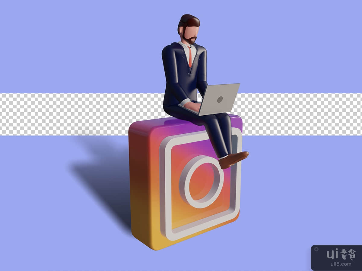 3d male character is typing on laptop and sitting on instagram logo. Psd Premium