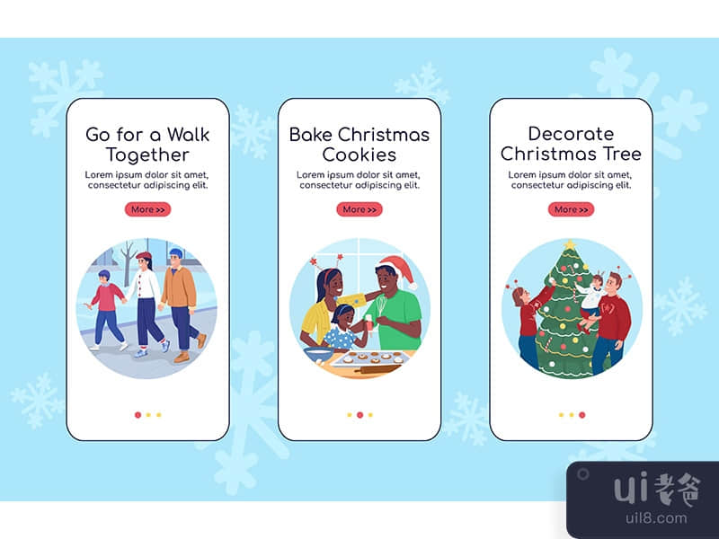 Christmas activities onboarding mobile app screen flat vector template