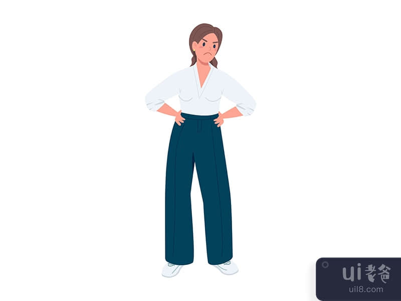 Angry lady in pantsuit semi flat color vector character