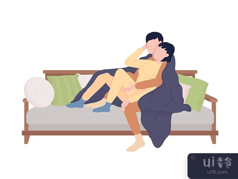 Couple together on sofa semi flat color vector characters