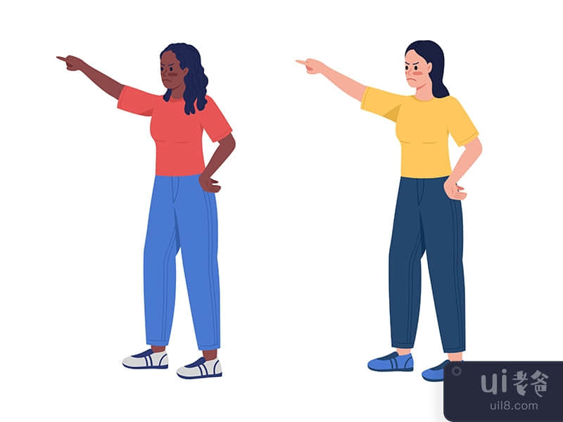Angry women pointing with fingers semi flat color vector characters set