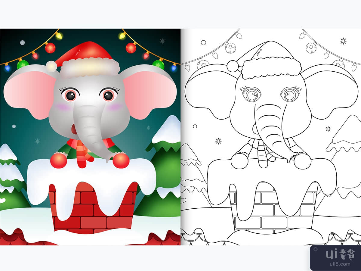 coloring for kids with a cute elephant using santa hat and scarf in chimney