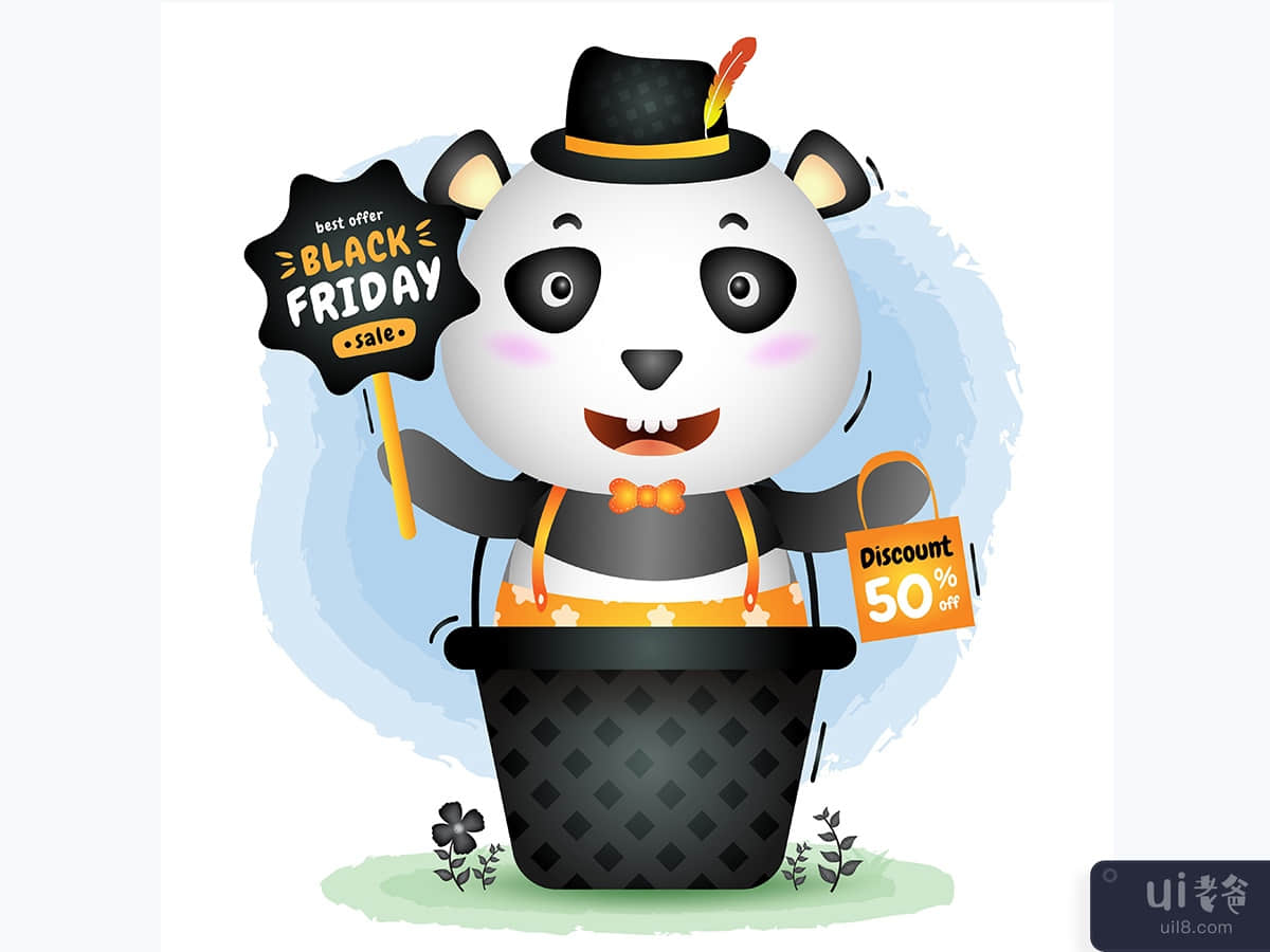 黑色星期五促销，篮子里有一只可爱的熊猫(Black friday sale with a cute panda in the basket)插图2
