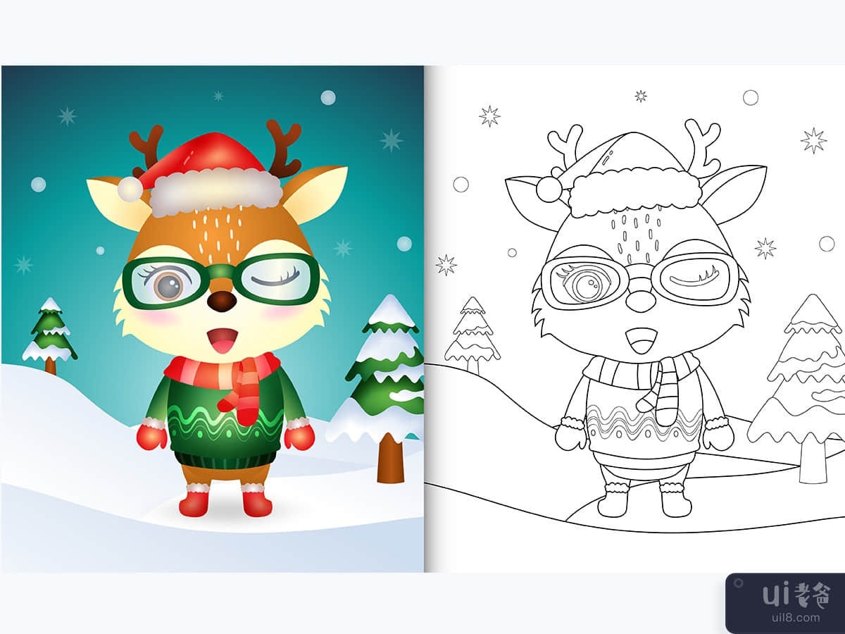 coloring book with a cute deer christmas