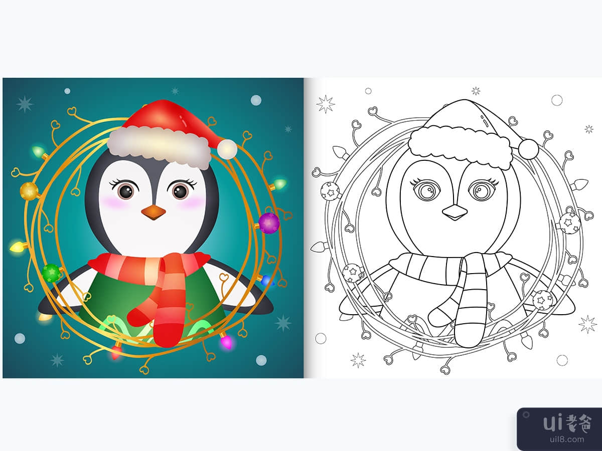 coloring book with a cute penguin with twigs decoration christmas