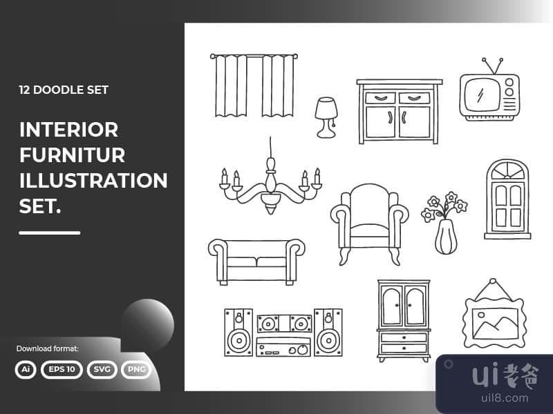 12 Interior furniture doodle illustrations set