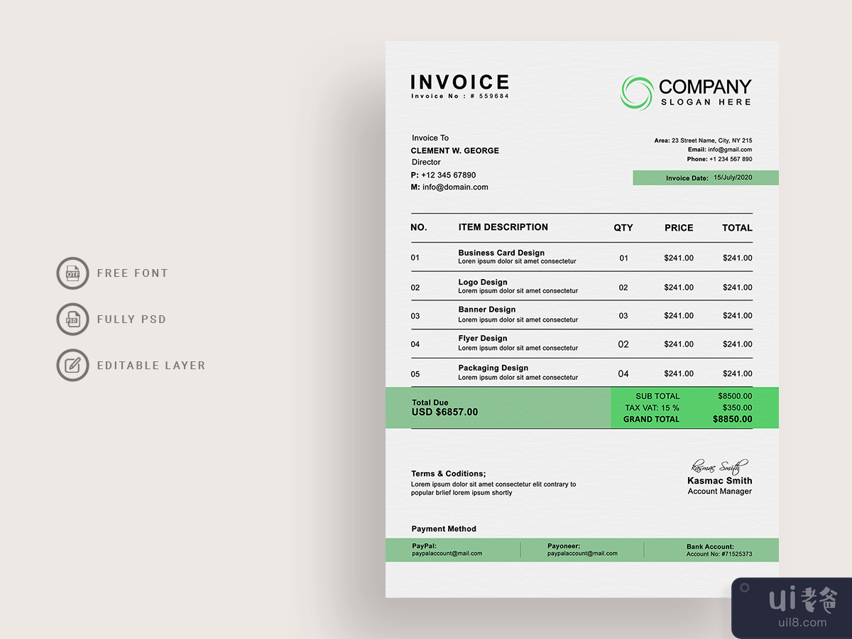 Corporate invoice template with green
