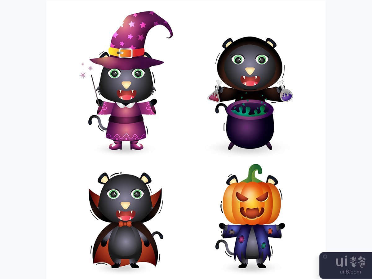 cute black cat with costume halloween character collection